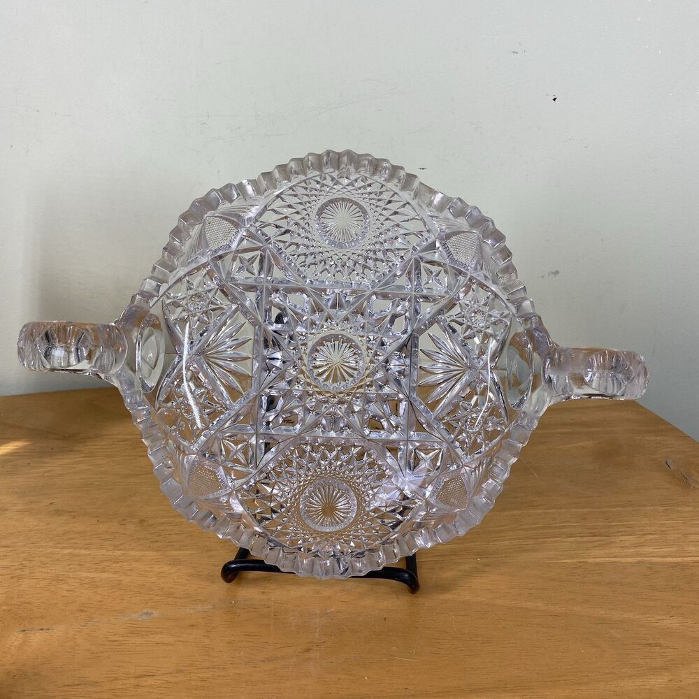 Vintage Pressed Cut Glass Candy Mint Nut Bowl Two Handles Hobstar Sawtooth Edge
